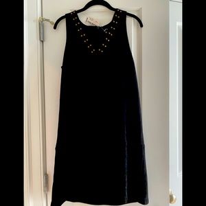 Beautiful black micro suede dress with copper accent around neckline, size Small